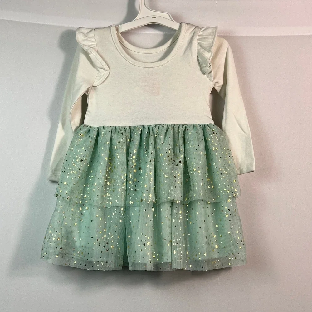 Cat & Jack Girls 2T Cream Mint Green Gold Foil Star Tulle Tutu Dress NWT